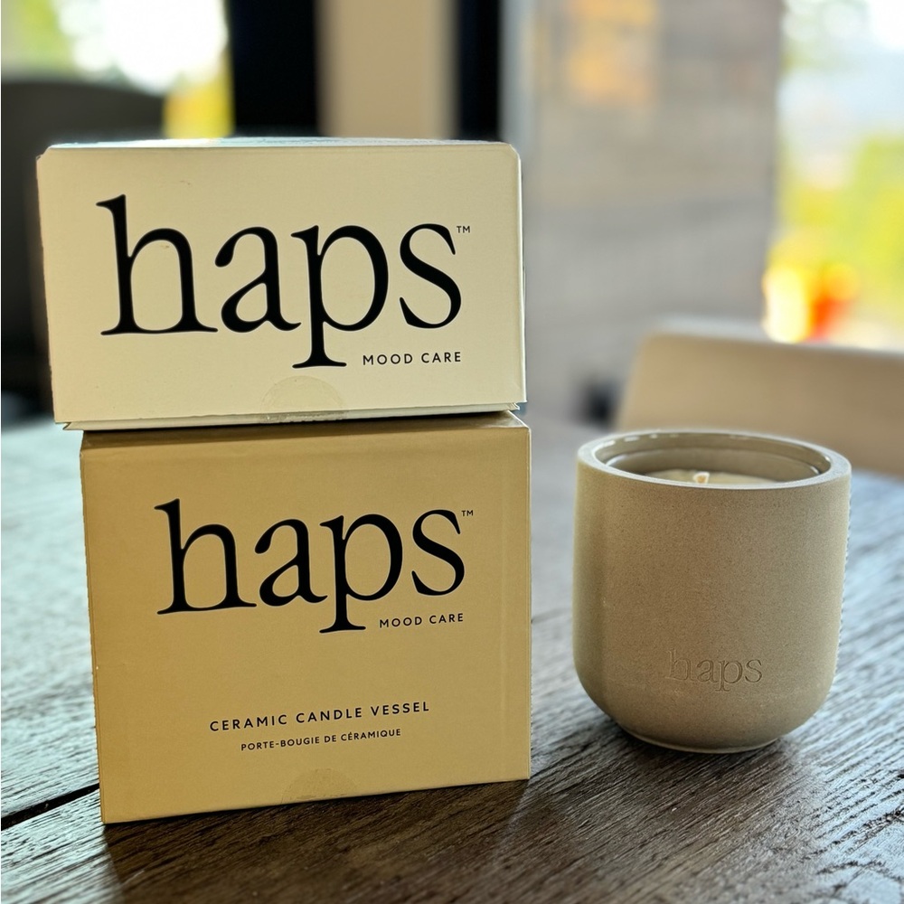 Haps Mood Care Tan Ceramic Vessel and Drunk Text Scented Candle Refill